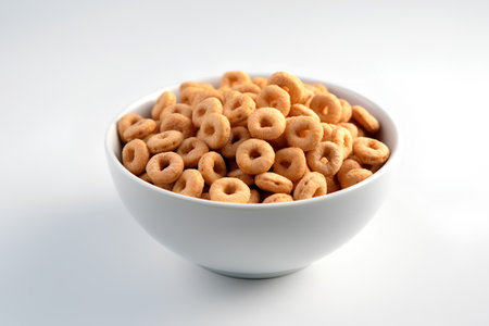 Bowl of cereal rings isolated on white background. Top view.の素材