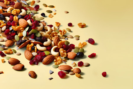 Mix of nuts and dried fruits on yellow background. Healthy food conceptの素材