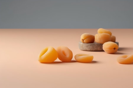 close up of dried apricots on wooden table with copy spaceの素材