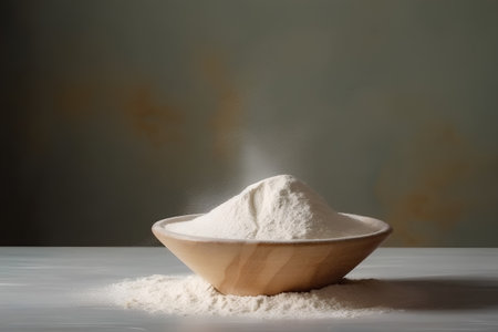 Flour in a wooden bowl on a table with a dark backgroundの素材