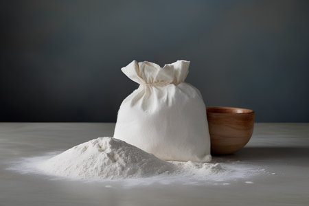Bag with flour and wooden bowl of flour on a gray backgroundの素材