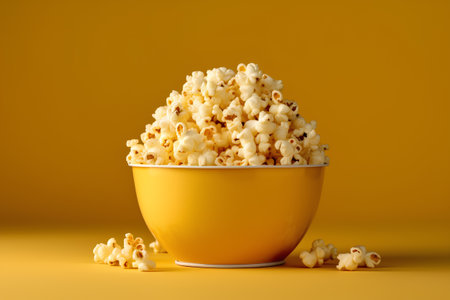 Popcorn in yellow bowl on yellow background. 3d render.の素材