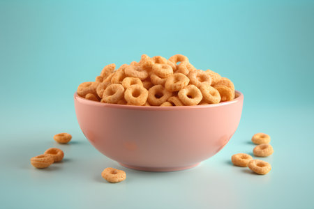 Bowl of cereal rings on blue background. 3d illustration.の素材