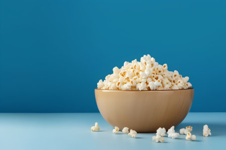 Popcorn in a bowl on blue background. 3d rendering.の素材