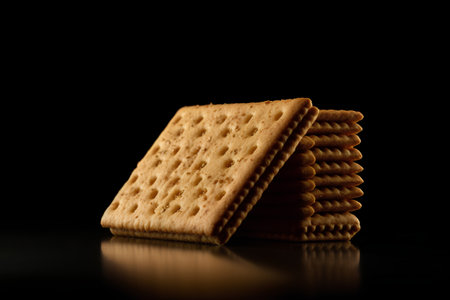 Stack of square crackers isolated on black background. Sweet biscuits.の素材