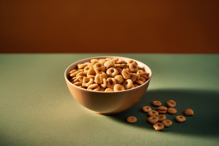 Bowl of dry breakfast cereals on green and orange background.の素材