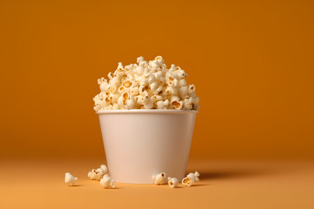 Popcorn in a paper cup on orange background. 3d renderingの素材