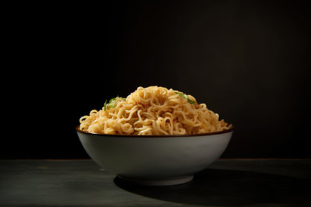 Instant noodles in a bowl on a black background, close-upの素材