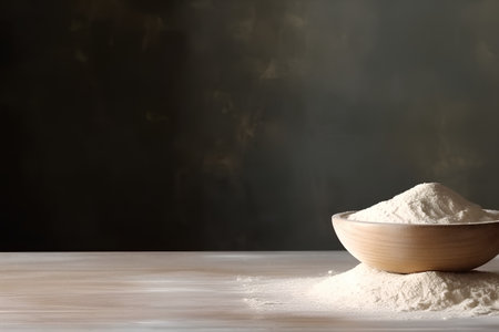 Wheat flour in a wooden bowl on a wooden table, dark backgroundの素材