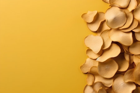 Potato chips on a yellow background. Top view. Copy space.の素材