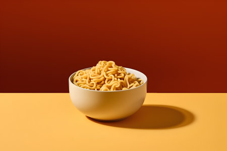 Instant noodles in a bowl on orange and yellow background. 3d renderingの素材