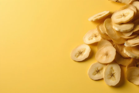 Banana chips on yellow background. Top view. Copy space.の素材