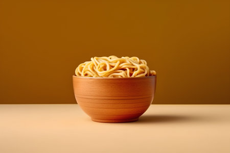 Noodles in a wooden bowl on a yellow and brown backgroundの素材
