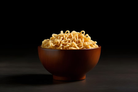 Instant noodles in a wooden bowl on a black background. Close-up.の素材