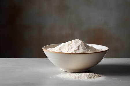 Bowl of flour on the table with dark background, selective focusの素材