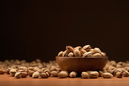 Pistachios in a wooden bowl on a brown background.の素材