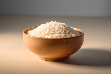 Rice in a wooden bowl on a light background. Selective focus.の素材