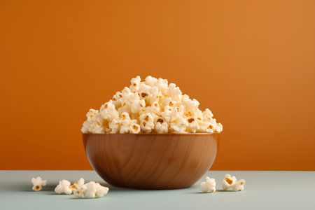 Popcorn in wooden bowl on orange background. 3d rendering.の素材