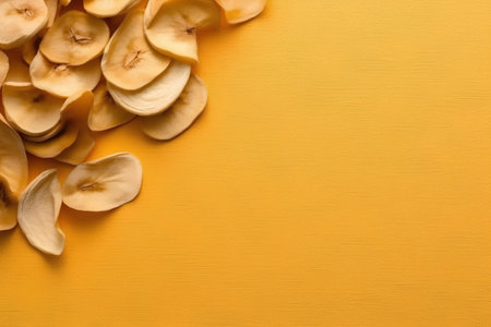 Sliced apple chips on a yellow background. Copy space.の素材