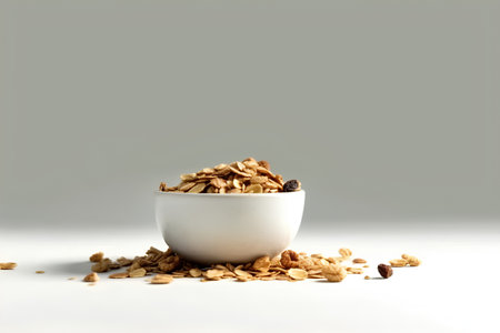 Muesli with raisins in a bowl on white backgroundの素材