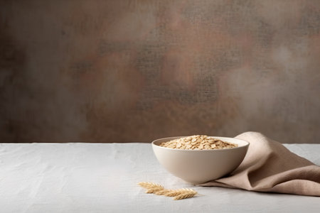 bowl of oatmeal on a table with linen cloth, copy spaceの素材