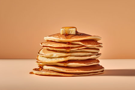 Stack of pancakes with maple syrup on orange background. Minimal food concept.の素材