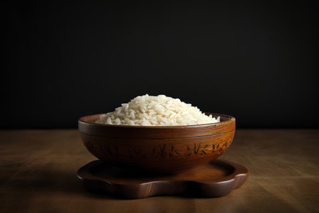 Rice in a wooden bowl on a dark background. Selective focus.の素材