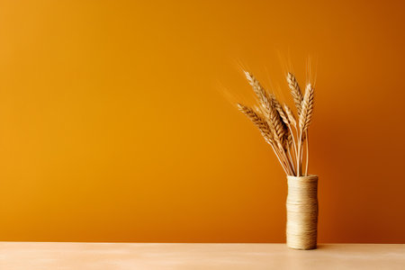 Wheat spikelets in vase on orange background with copy spaceの素材