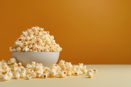 Popcorn in a bowl on yellow background. Copy space for text.の素材
