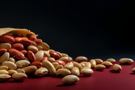 Assorted beans on a red background. Black background. Close up.の素材