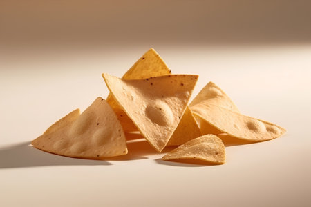 Nachos chips on a white background with shadows from the sunの素材