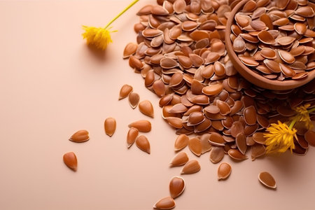 flax seeds in bowl and flower on orange background, closeupの素材