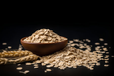 Oat flakes in a wooden bowl and ears of wheat on black backgroundの素材