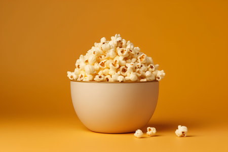 Popcorn in a bowl on orange background. 3d rendering.の素材