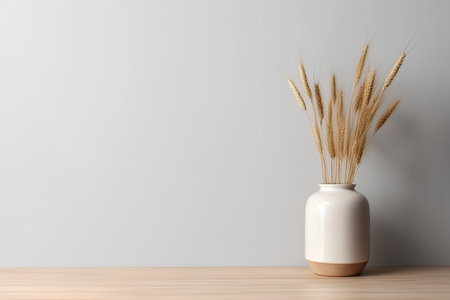 Ears of wheat in vase on wooden table and gray wall backgroundの素材