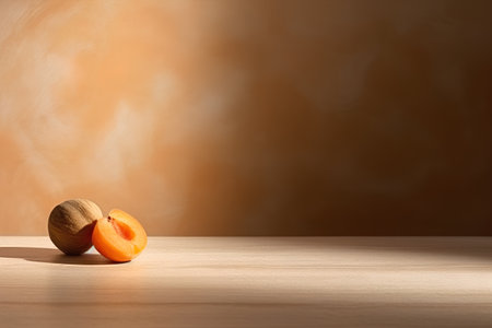 Fresh apricots on wooden table and brown background with copy spaceの素材