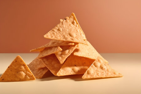 tortilla chips on a table with orange background and copyspaceの素材