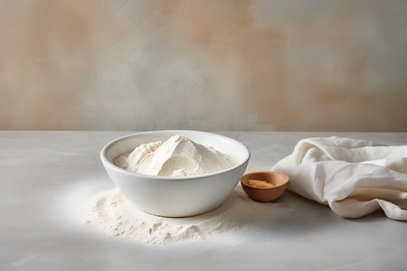 Wheat flour in a bowl and a wooden spoon on a marble tableの素材