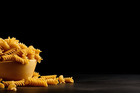 Uncooked fusilli pasta in a wooden bowl on black backgroundの素材