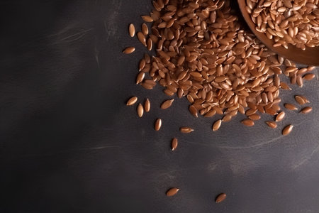 Flax seeds in a wooden bowl on a black stone background.の素材