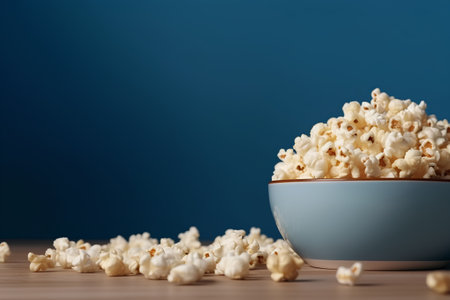 Popcorn in a blue bowl on a wooden table and blue backgroundの素材