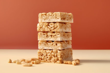Stack of cereal bars with peanuts on orange background. 3d renderの素材