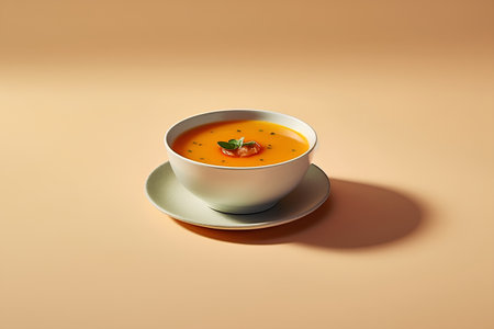 Pumpkin soup in a white bowl on a beige backgroundの素材