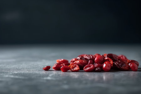 Dried cranberries on a gray stone background. Selective focus.の素材