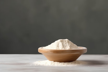 Wheat flour in a wooden bowl on a gray background. Selective focus.の素材