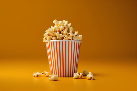 Popcorn in striped bucket on orange background. Cinema snack concept.の素材