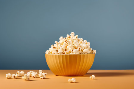 Popcorn in yellow bowl on orange and blue background. 3d renderingの素材