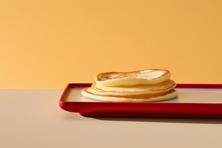 Pancakes on a red tray on a yellow background with copy spaceの素材