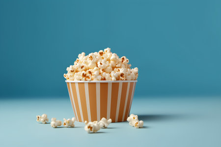 Popcorn in a striped box on blue background. 3d renderingの素材