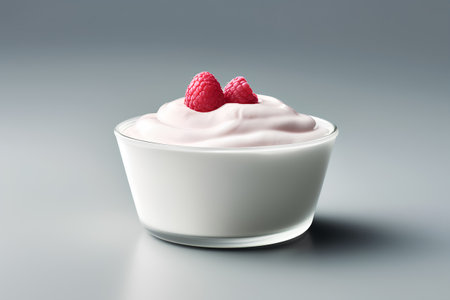 Delicious yogurt with raspberry in a glass on a gray background.の素材